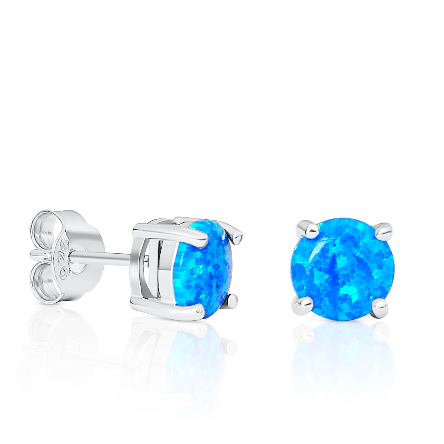 Boucles D'oreilles Rondes En Opale Bleue - Argent Sterling 925 - Hypoallergénique - Pour Femmes Et Filles